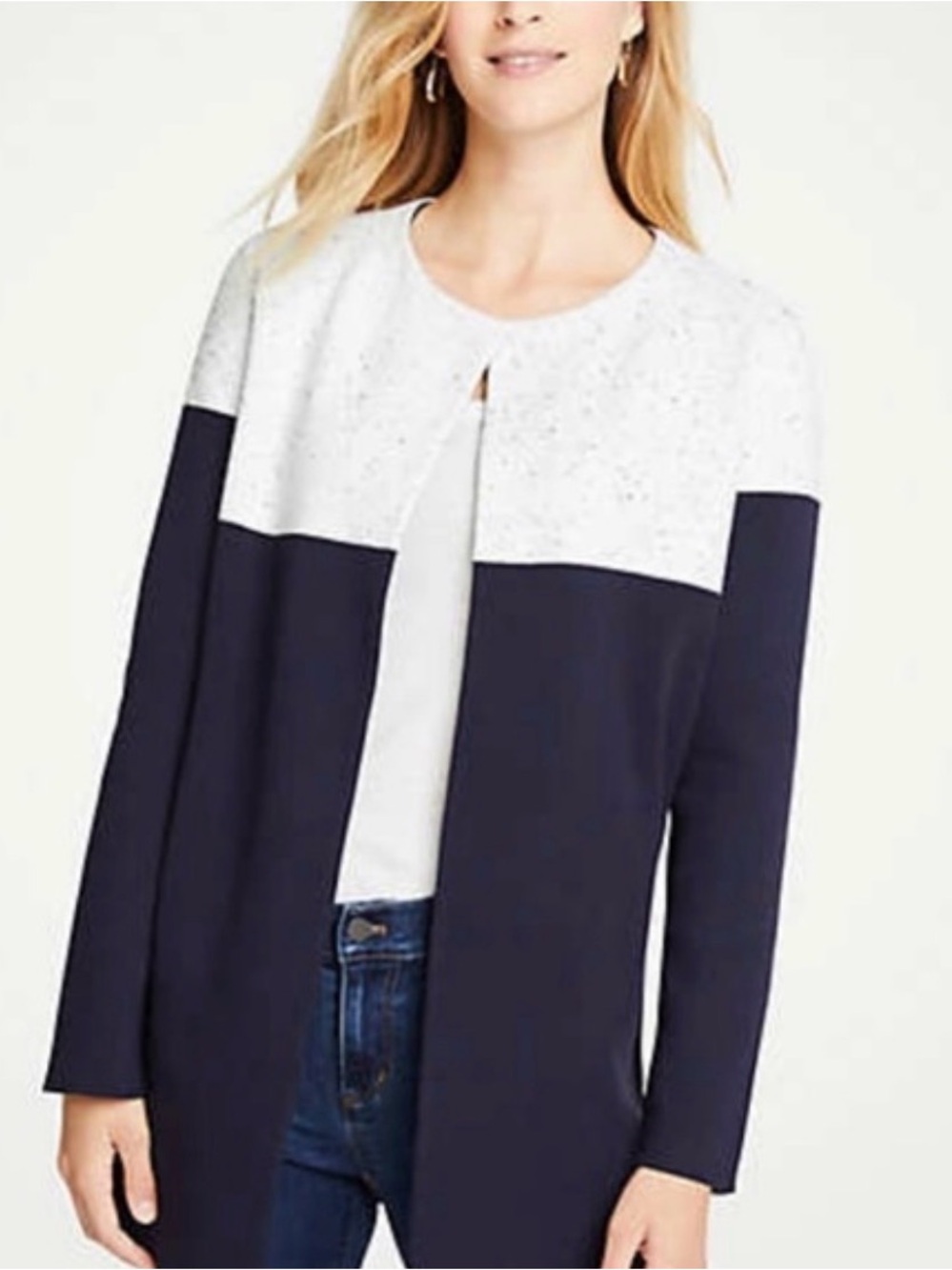 Ann Taylor Navy and White Colorblock Open-Front Cardigan